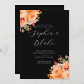 オレンかわいらしジフローラエレガントブラック結婚ズ 招待状 (正面/裏面)