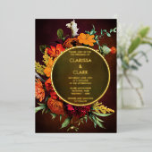 オレンはっきりしたジラスト秋フローラモダン結婚ズ 箔招待状 (立ち正面)