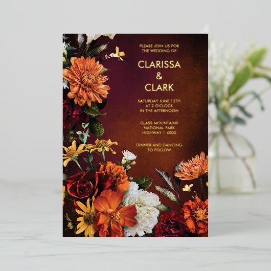 オレンはっきりしたジラスト秋フローラモダン結婚ズ 箔招待状 (立ち正面)