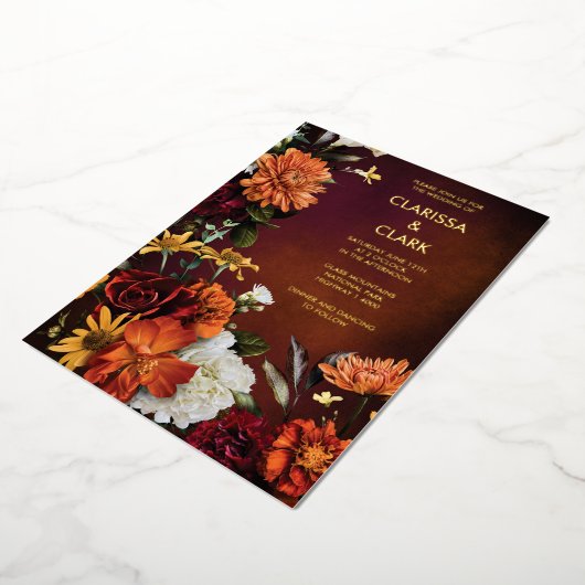 オレンはっきりしたジラスト秋フローラモダン結婚ズ 箔招待状 (回転した状態)