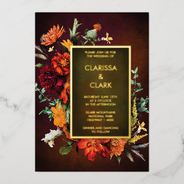 オレンはっきりしたジラスト秋フローラモダン結婚ズ 箔招待状