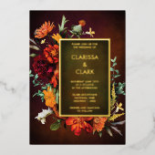 オレンはっきりしたジラスト秋フローラモダン結婚ズ 箔招待状 (正面)