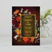 オレンはっきりしたジラスト秋フローラモダン結婚ズ 箔招待状 (立ち正面)