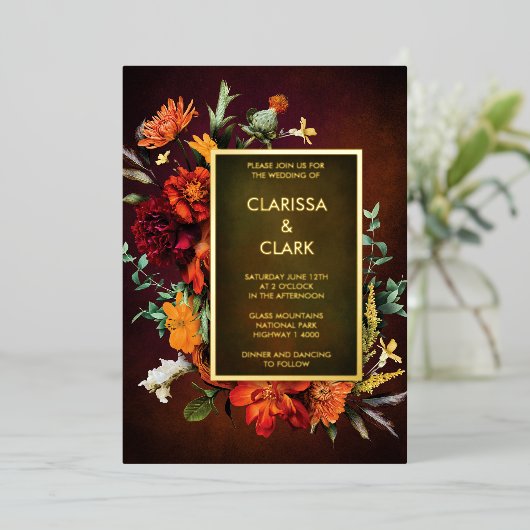 オレンはっきりしたジラスト秋フローラモダン結婚ズ 箔招待状 (立ち正面)