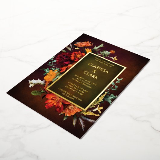 オレンはっきりしたジラスト秋フローラモダン結婚ズ 箔招待状 (回転した状態)
