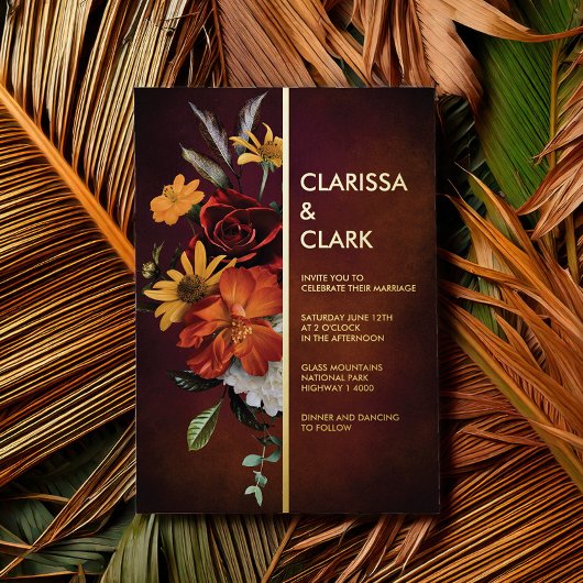 オレンはっきりしたジラスト秋フローラモダン結婚ズ 箔招待状