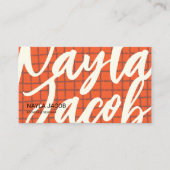 オレンはっきりしたジ茶色チェックパターンQRコード手作り 名刺 (正面)