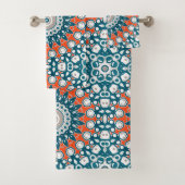 オレンはっきりしたジ&ティール(緑がかった色)マンダラジオメトリックトーテムパターン バスタオルセット (インサイチュ)