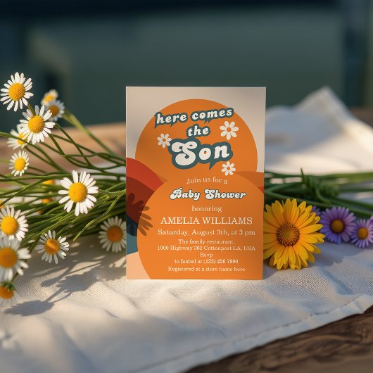 オレンはっきりしたジGroovyここ来の息子の赤ちゃんシャワー 招待状