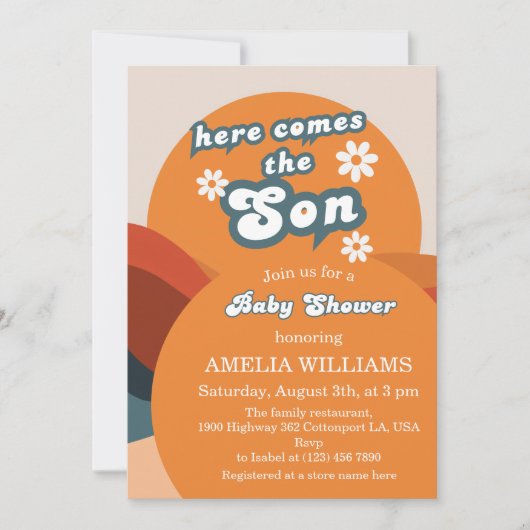 オレンはっきりしたジGroovyここ来の息子の赤ちゃんシャワー 招待状 (正面)