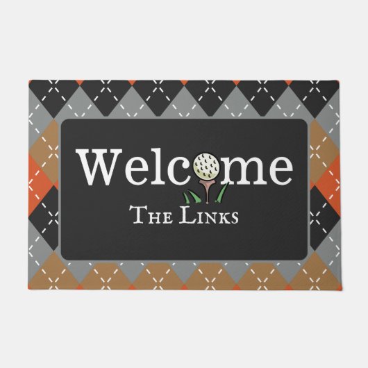 オレンアーガイルジブラウンアンドグレーゴルフウェルカムエントリ ドアマット (正面)