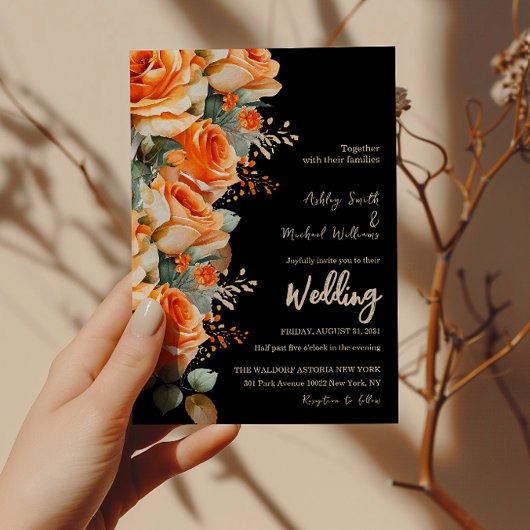 オレンエレガントジとブラックウォーターのカラーフローラ結婚ズ 招待状