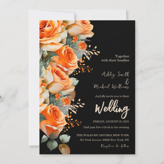 オレンエレガントジとブラックウォーターのカラーフローラ結婚ズ 招待状 (正面)