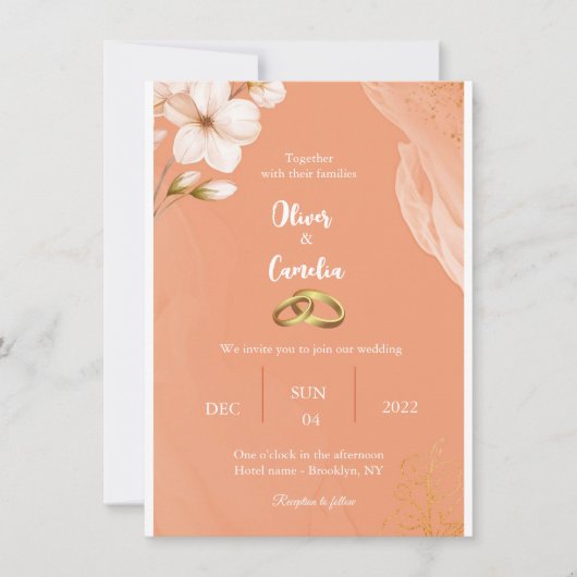 オレンエレガントジと金ゴールド結婚式招待状 招待状 (正面)