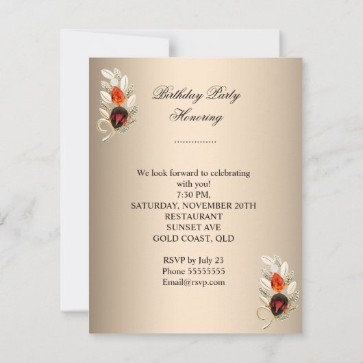 オレンエレガントジクリームコーヒージュエルバースデーパーティー 招待状 (裏面)