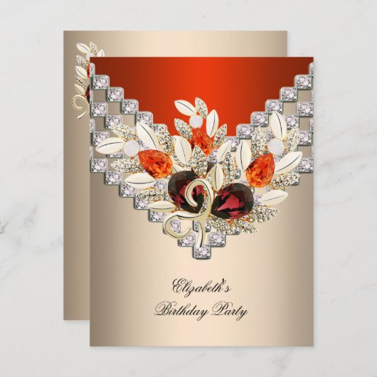 オレンエレガントジクリームコーヒージュエルバースデーパーティー 招待状 (正面/裏面)