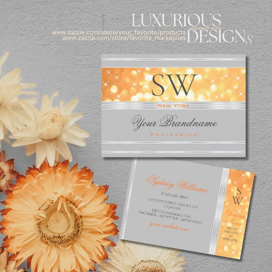 オレンエレガントジグリッターモノグラムグレイ縁どシルバー 名刺