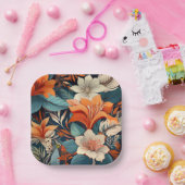 オレンエレガントジターコイズ花柄フローラ ペーパープレート (パーティー)