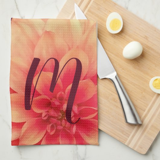 オレンエレガントジダリアスフラワーズバーガンディモノグラム キッチンタオル (四つ折り)