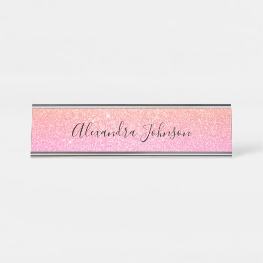 オレンエレガントジピンクグリッタースパークルモダン デスクネームプレート (正面)