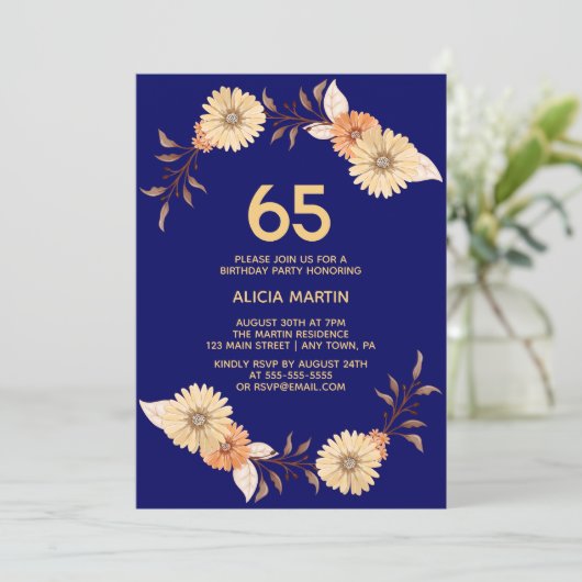 オレンエレガントジフラワー金ゴールドネイビーブルー誕生日 招待状 (スタンド正面)