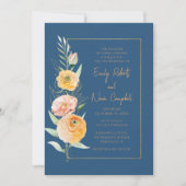 オレンエレガントジモダン・ブルー・ウォーター・カラー・フローラ 招待状 (正面)