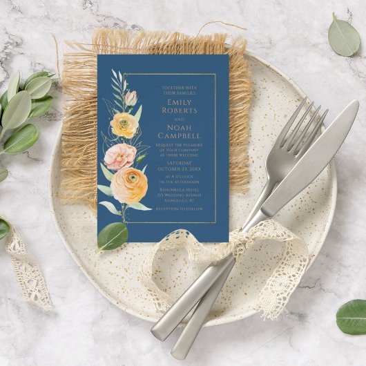 オレンエレガントジモダン・ブルー・ウォーター・カラー・フローラ 招待状