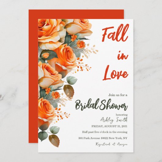 オレンエレガントジ秋インラブフローラブライダルシャワー 招待状 (正面/裏面)