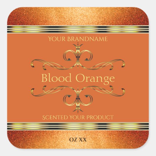 オレンエレガントジ金ゴールド製品ラベルのグリッター縁ど スクエアシール (正面)