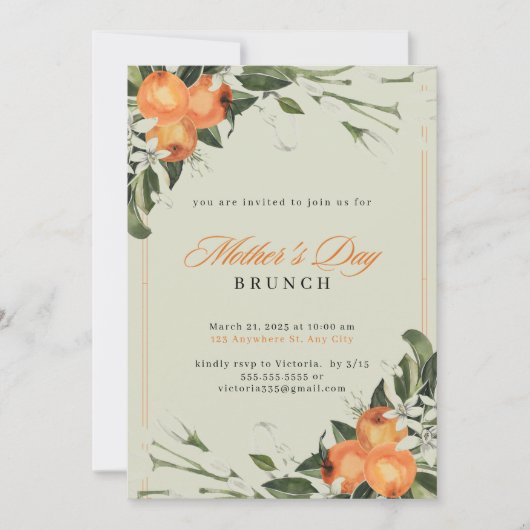 オレンエレガントジ&グリーンウォーターの色の母の日 招待状 (正面)
