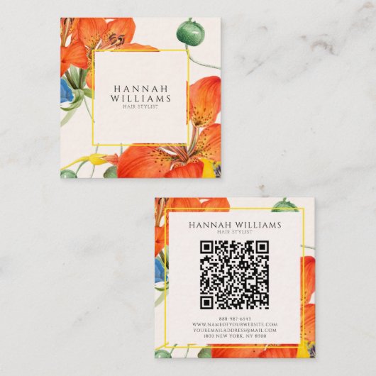 オレンエレガントジQRコード水カラーフローラ スクエア名刺 (正面/裏面)