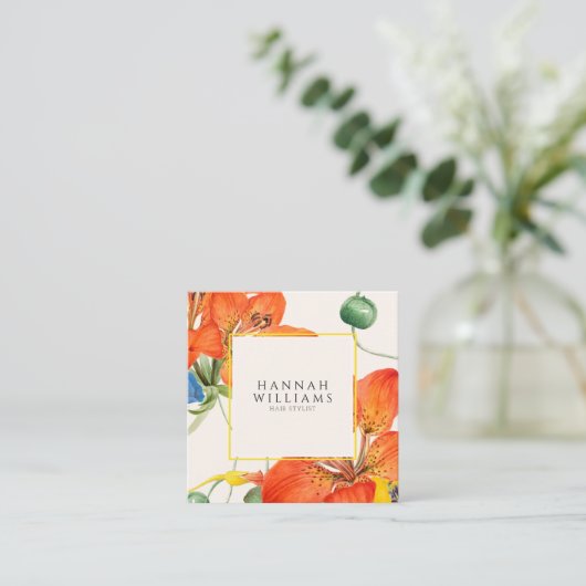 オレンエレガントジQRコード水カラーフローラ スクエア名刺 (スタンド正面)