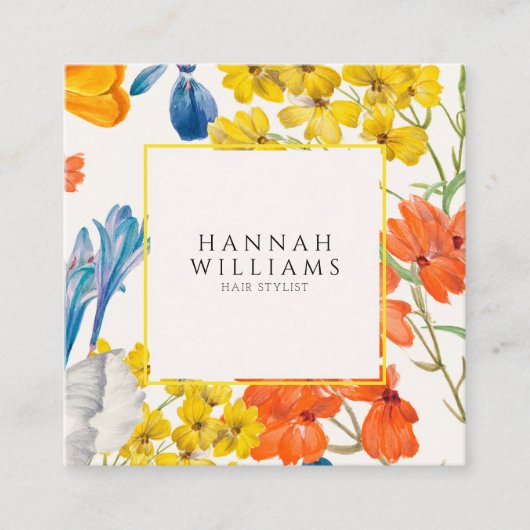 オレンエレガントジQRコード花柄モダン スクエア名刺 (正面)