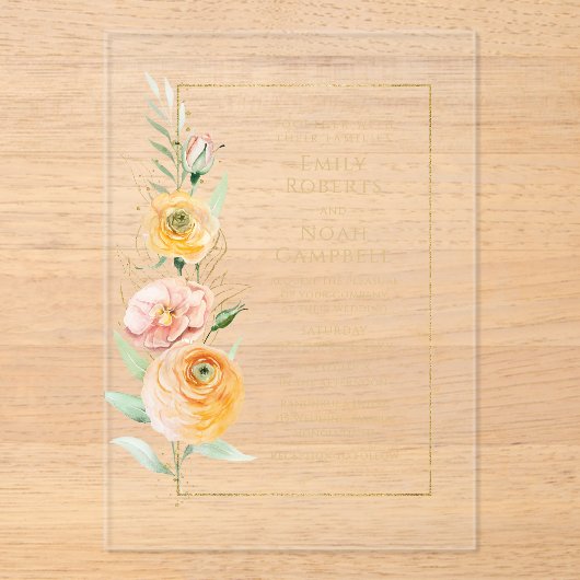 オレンエレガントモダンジ黄色の水カラーフローラ アクリル招待状 (正面)