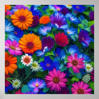 オレンカラフルジブルーと赤の花 ポスター
