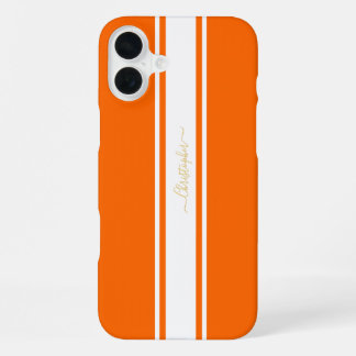 オレンクールジホワイトレーシングストライプ金ゴールドモノグラムの iPhone 16 PLUSケース