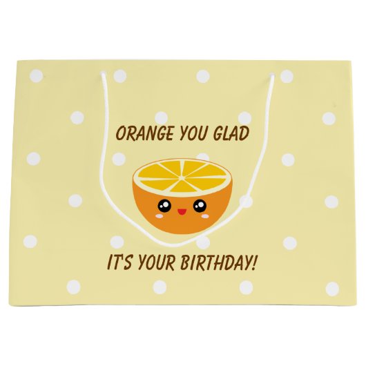 オレンジうれしいかわいいあなたの誕生日かわいい ラージペーパーバッグ (正面)