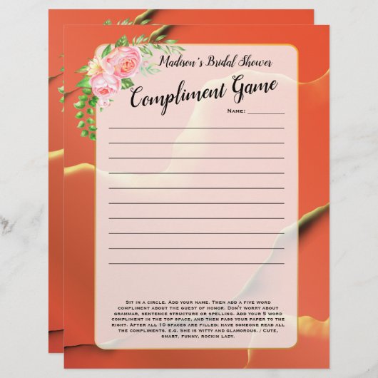 オレンジおもしろいブライダルシャワーアイスブレーカー💕 5ワードゲーム (正面/裏面)