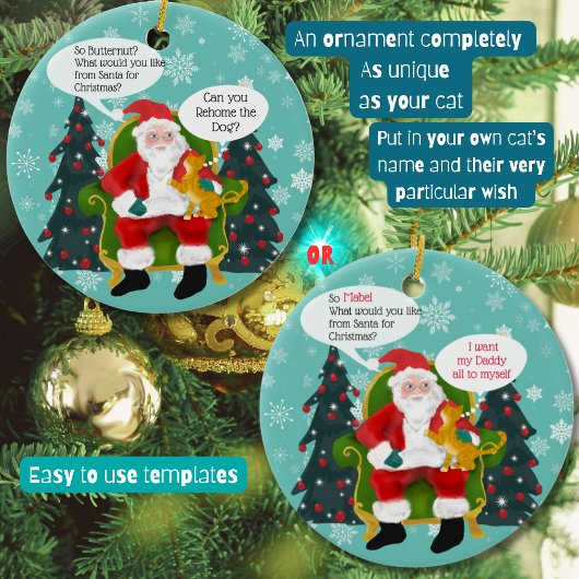 オレンジおもしろい色の猫がサンタにカスタム訪れる セラミックオーナメント