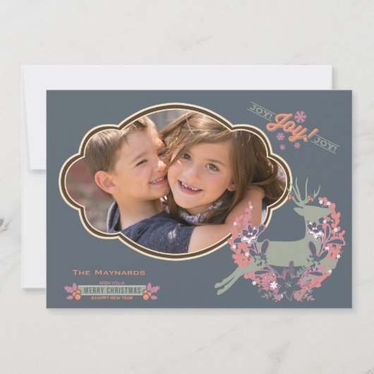 オレンジおよびばら色のシカのクリスマスの休日の写真カード シーズンカード (正面)