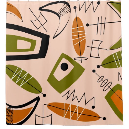 オレンジおよびオリーブ色世紀半ばのモダンの抽象芸術 シャワーカーテン (正面)