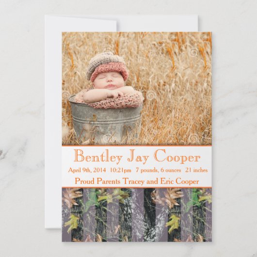 オレンジおよびカムフラージュのベビーの発表 案内状 (正面)