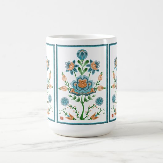 オレンジおよびティール（緑がかった色）の民芸の花 コーヒーマグカップ (中央)