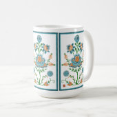 オレンジおよびティール（緑がかった色）の民芸の花 コーヒーマグカップ (正面右)