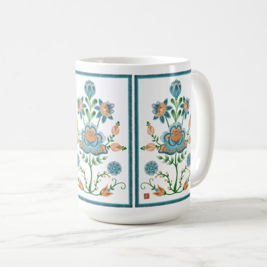 オレンジおよびティール（緑がかった色）の民芸の花 コーヒーマグカップ (正面右)