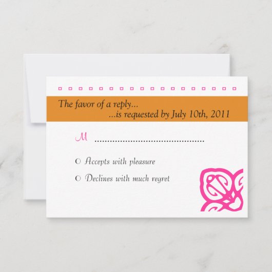 オレンジおよびピンク装飾用の結婚RSVP 出欠カード (正面)
