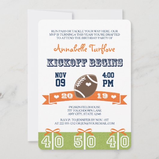 オレンジおよび海軍フットボールの誕生会の招待 招待状 (正面)