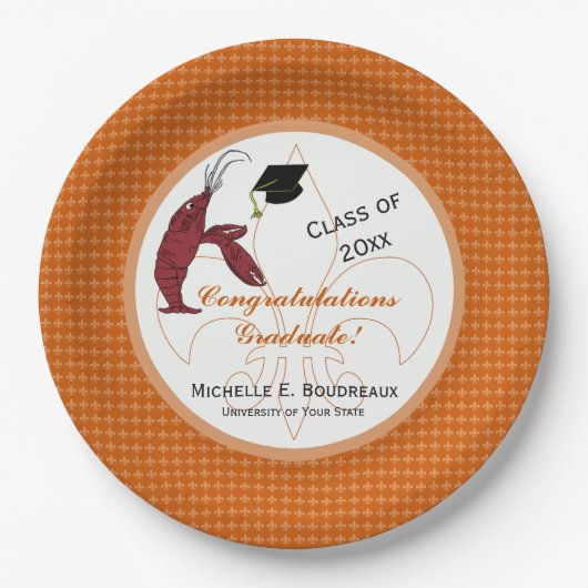 オレンジおよび白いのケージャンのCrawfishの卒業 ペーパープレート (正面)