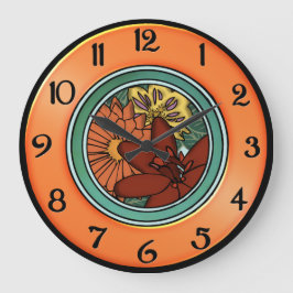 オレンジおよび緑の芸術そして技術の花のプレート ラージ壁時計