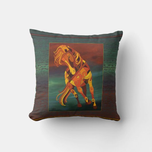 オレンジおよび緑の馬の枕クリの馬 クッション (正面)